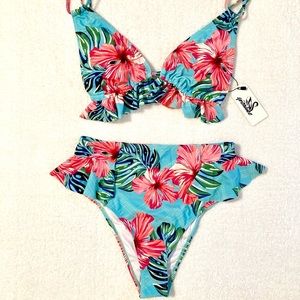 SPORLIKE High Waist Ruffle Bikini, Size Medium, Tropical Print New with Tags NWT